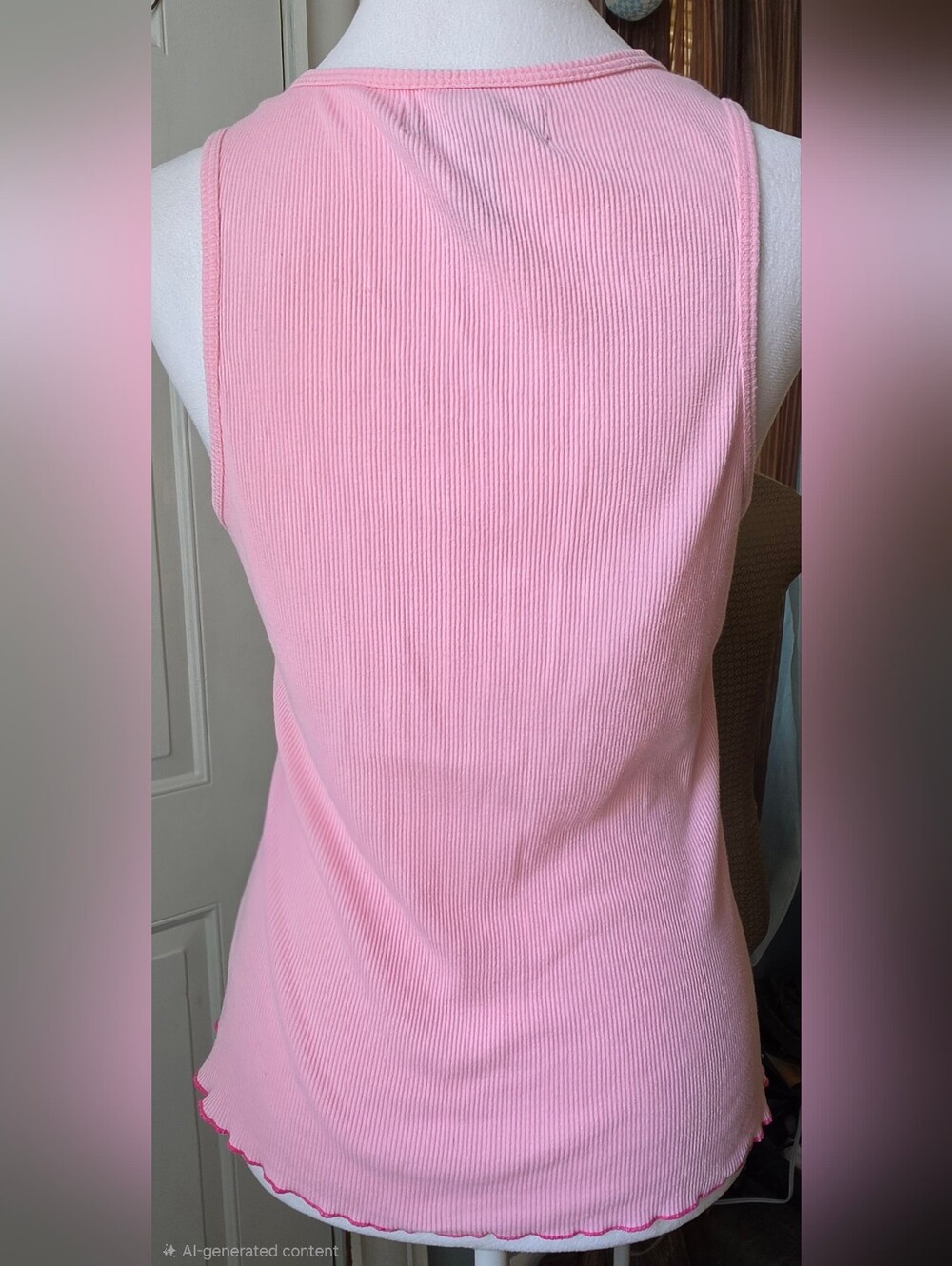 Betsey Johnson Betseyville Ribbed Tank w/ Lettuce Hem Womens M Pink Bow Deatil - Picture 4 of 11